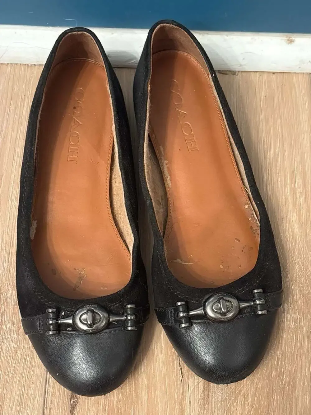 Coach Black Suede and Leather Cap Toe Ballet Flats